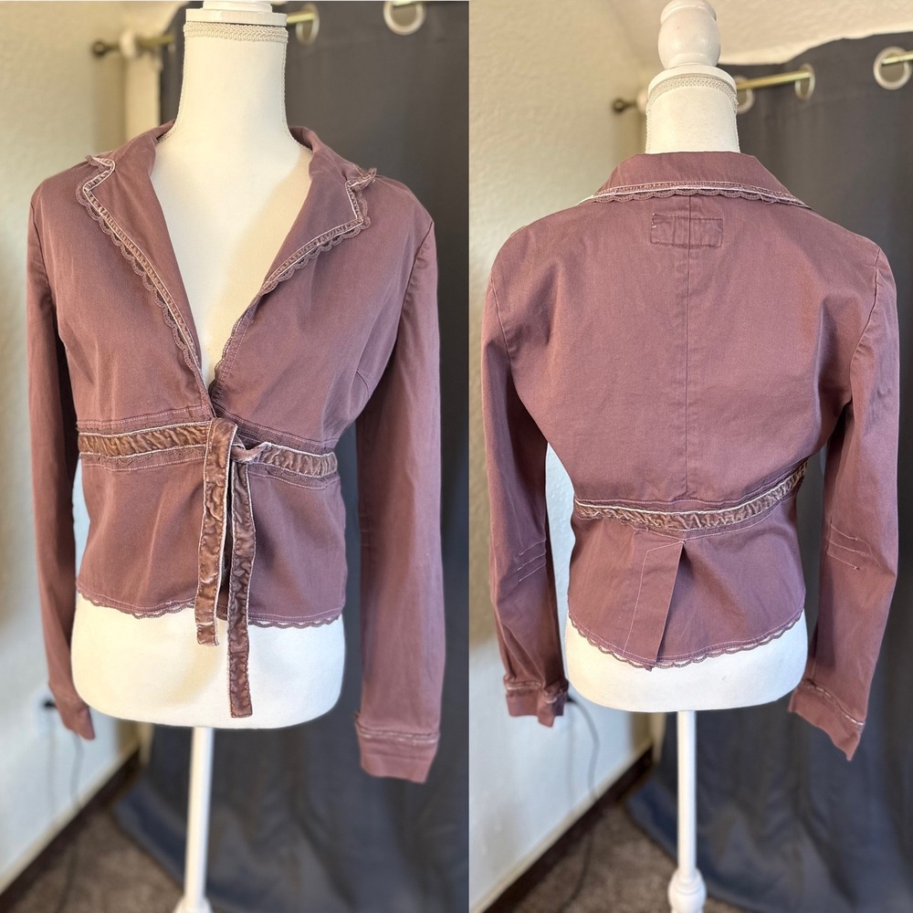 Plugg Mauve Lace Trim Velvet Tie Wrap Jacket Womens Large Cotton Blend